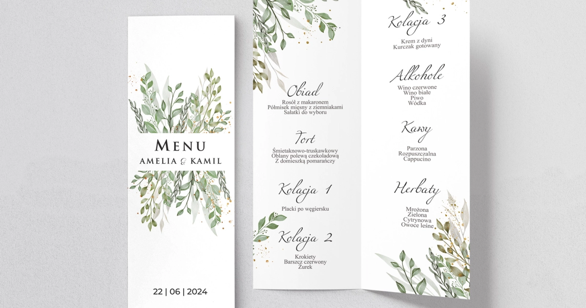 Menu Weselne Leaves Motyw 3