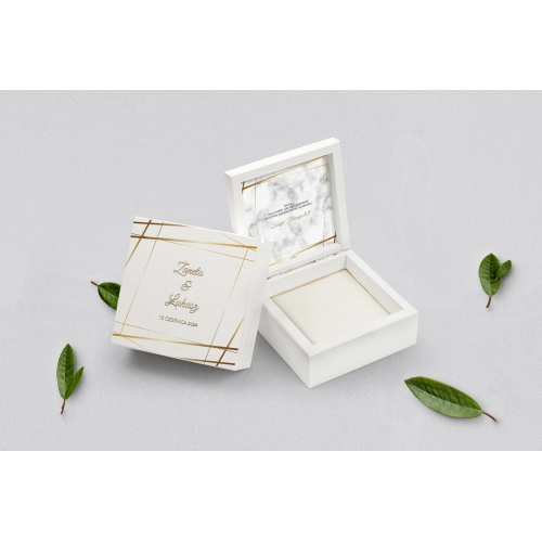 Pudełko na obrączki białe - Marmur i złoto Motyw 2