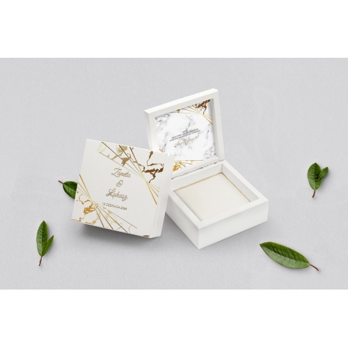 Pudełko na obrączki białe - Marmur i złoto Motyw 4