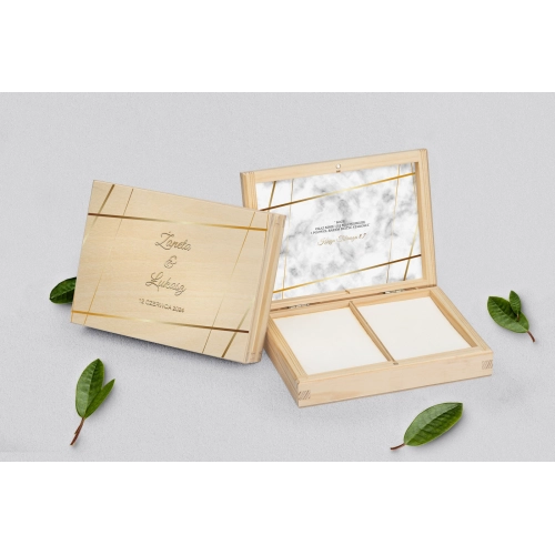 Pudełko na obrączki prostokątne naturalne - Marmur i Złoto Motyw 2