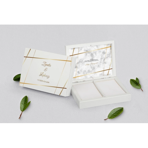 Pudełko na obrączki prostokątne białe - Marmur i Złoto Motyw 2