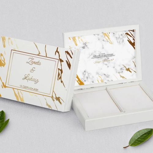 Pudełko na obrączki prostokątne białe - Marmur i Złoto Motyw 3