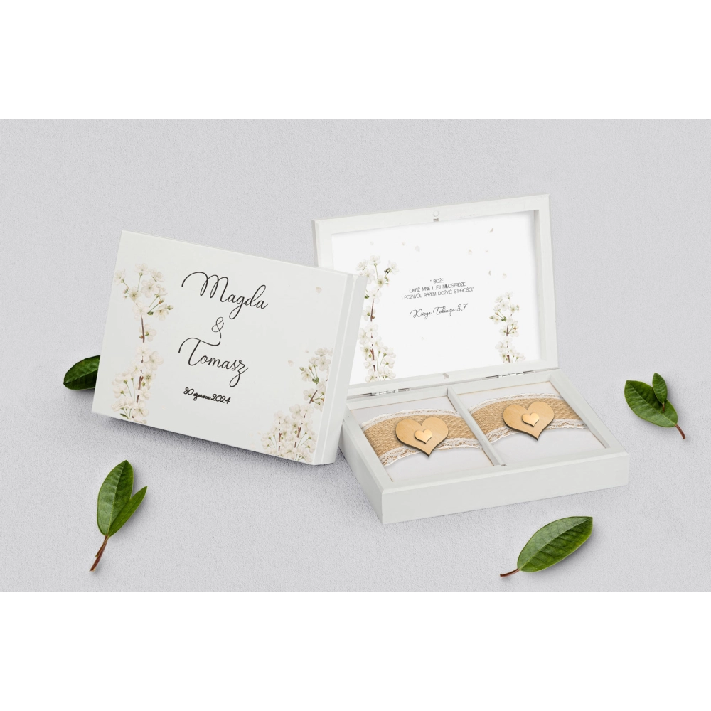 Pudełko na obrączki prostokątne białe - Biały Czas - Motyw 1