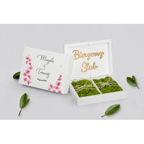 Pudełko na obrączki prostokątne białe - Biały Czas - Motyw 3