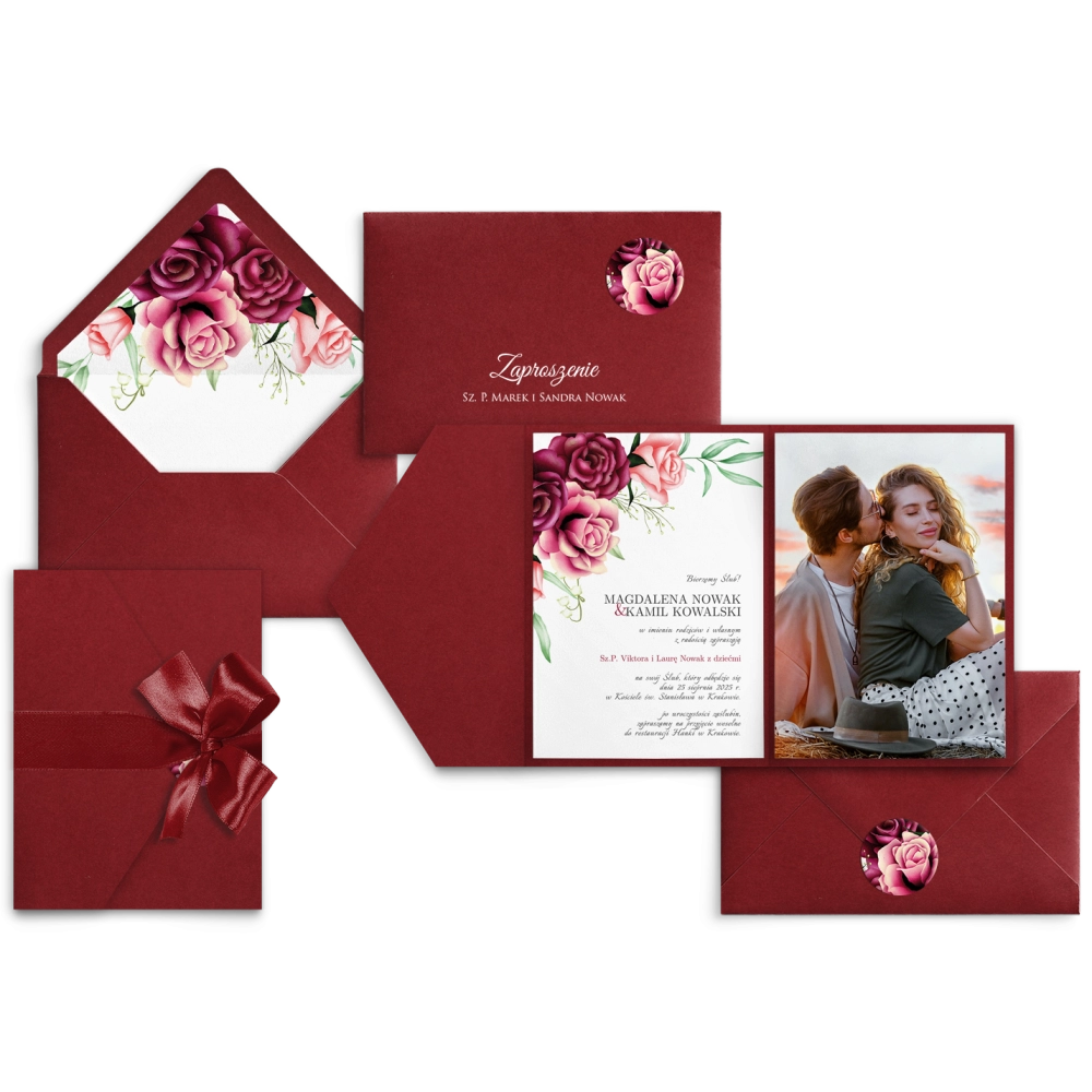 Bordowe zaproszenia ślubne w&nbsp;Etui Fabello ze zdjęciem
