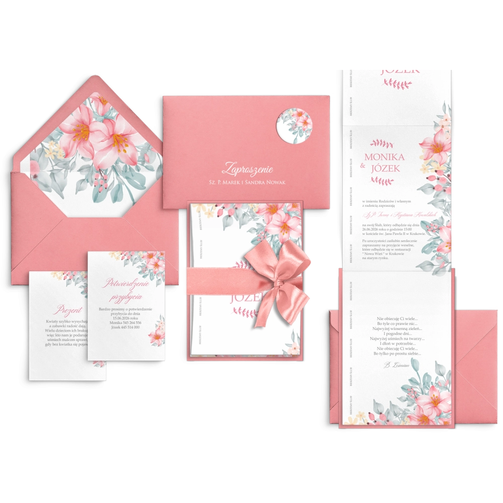 Różowe zaproszenia ślubne Harmonijka - Name Motyw 3