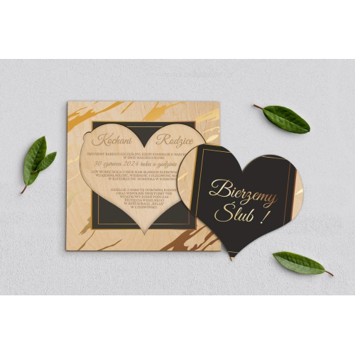 Drewniane Zaproszenie dla Rodziców - Marmur i&nbsp;Złoto Motyw 3