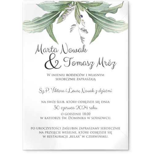 Zaproszenia ślubne Liście - Akrylowe Motyw 1