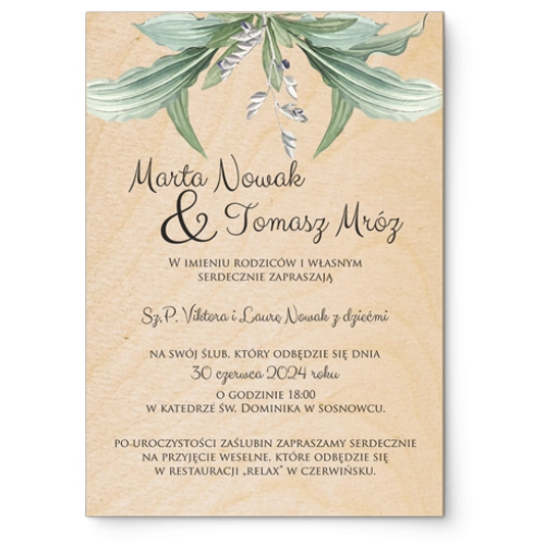 Zaproszenia ślubne Liście - Drewniane Motyw 1