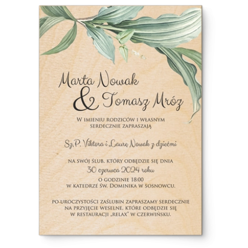 Zaproszenia ślubne Liście - Drewniane Motyw 3