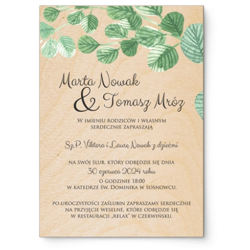Zaproszenia ślubne Liście - Drewniane Motyw 5