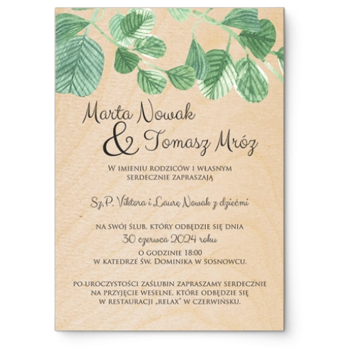 Zaproszenia ślubne Liście - Drewniane Motyw 6