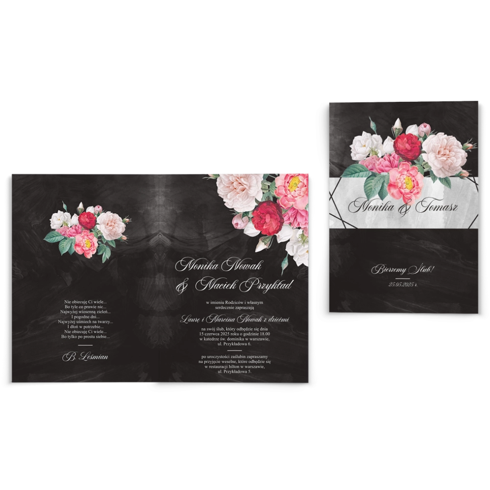 Zaproszenia ślubne Black Flowers - Składane Motyw 2