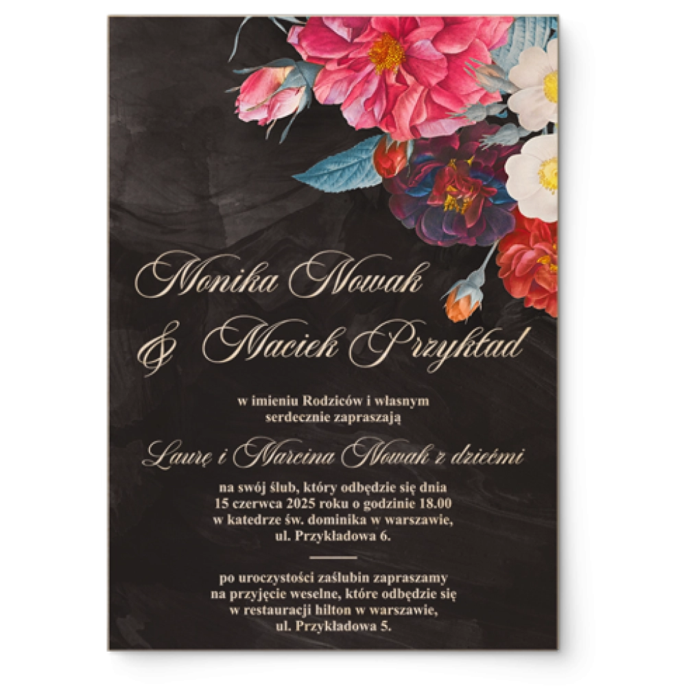 Zaproszenia ślubne Black Flowers - Drewniane Motyw 1