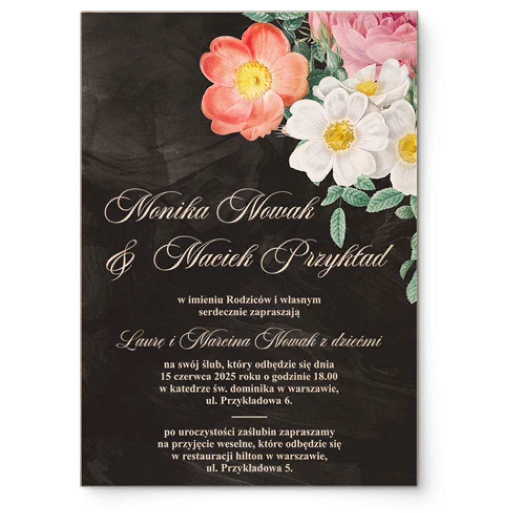 Zaproszenia ślubne Black Flowers - Drewniane Motyw 2