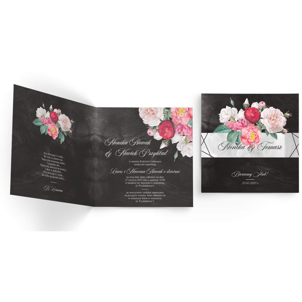 Zaproszenia ślubne Black Flowers - Składane Kwadrat Motyw 2