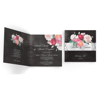 Zaproszenia ślubne Black Flowers - Składane Kwadrat Motyw 2