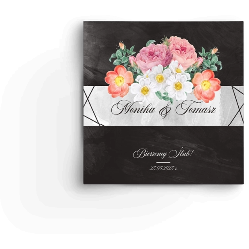 Zaproszenia ślubne Black Flowers - Składane Kwadrat Motyw 3