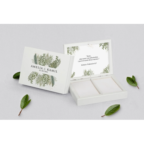 Pudełko na obrączki prostokątne białe - Leaves Motyw 2