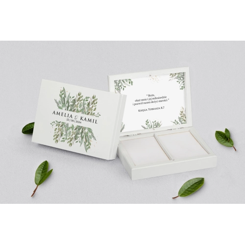 Pudełko na obrączki prostokątne białe - Leaves Motyw 3