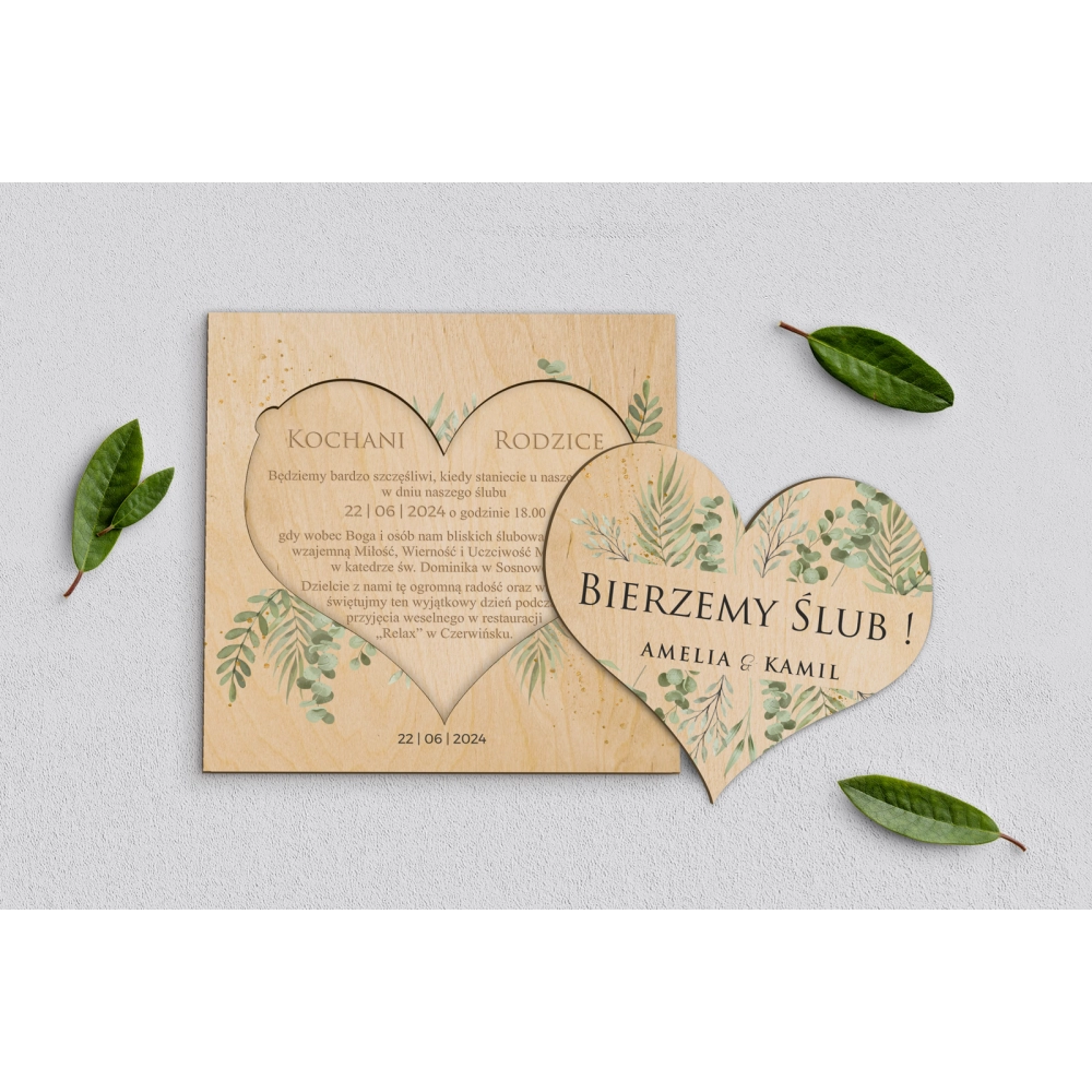 Drewniane Zaproszenie dla Rodziców - Leaves Motyw 2