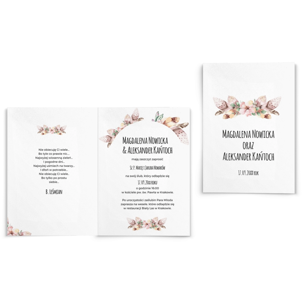 Zaproszenia ślubne Piórko - Składane motyw 1