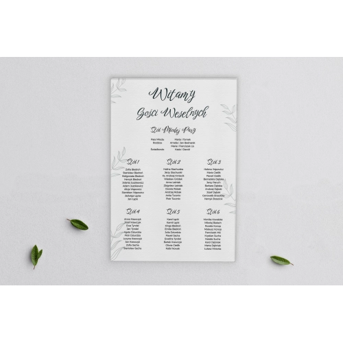 Plan stołów weselnych na płótnie Białe Liście - Motyw 2