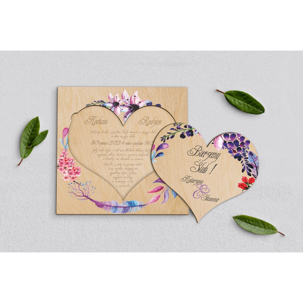 Drewniane Zaproszenie dla Rodziców - Akwarelowe Wianki Motyw 7