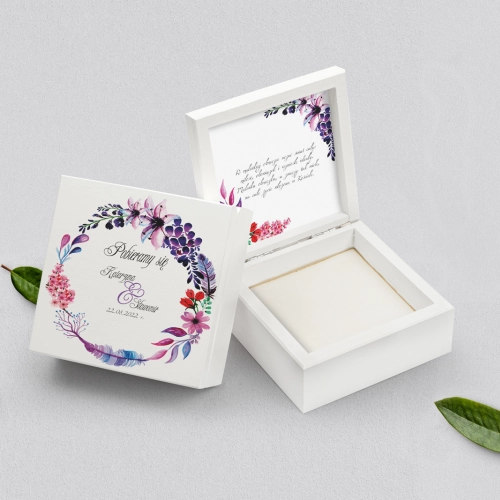 Pudełko na obrączki białe - Akwarelowe Wianki Motyw 7