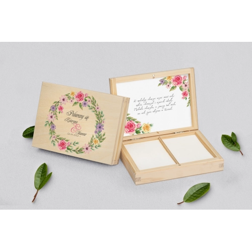 Pudełko na obrączki prostokątne naturalne - Akwarelowe Wianki Motyw 5