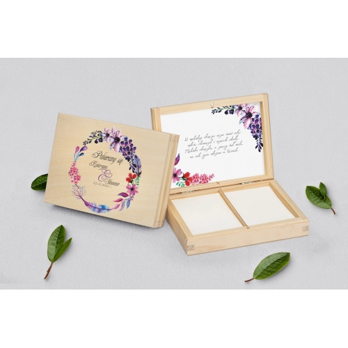 Pudełko na obrączki prostokątne naturalne - Akwarelowe Wianki Motyw 7