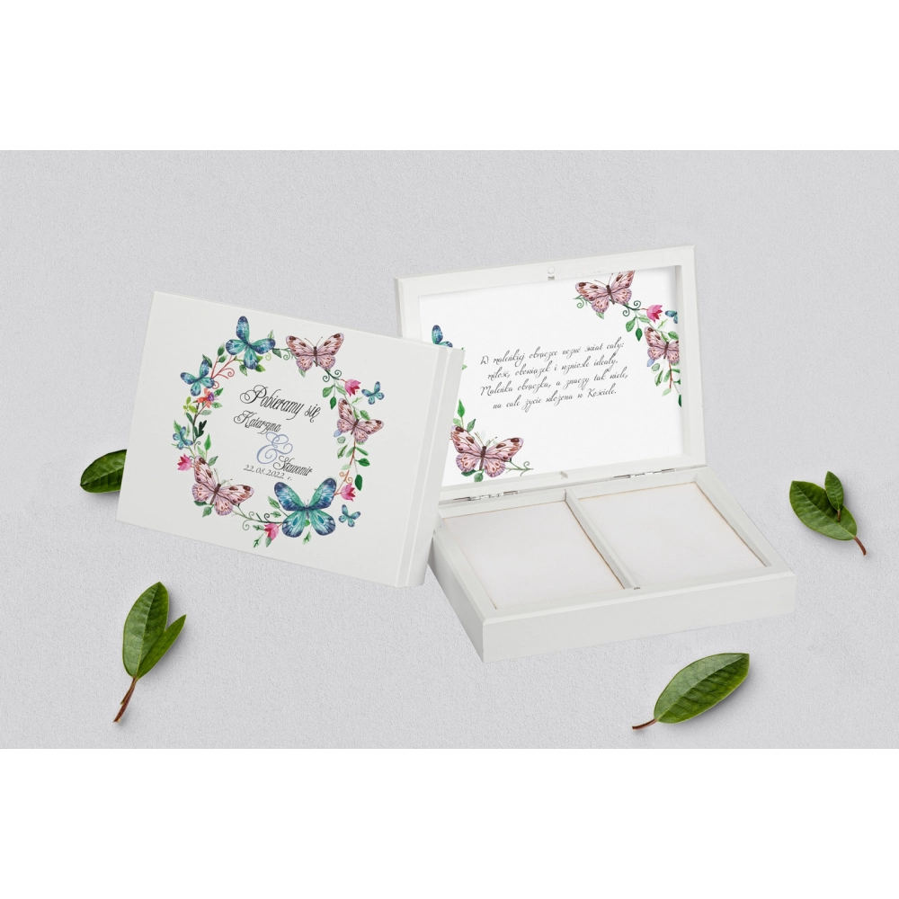 Pudełko na obrączki prostokątne białe - Akwarelowe Wianki Motyw 3