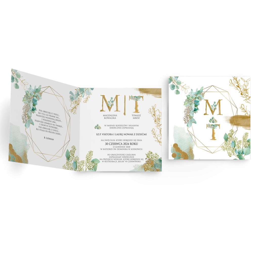 Zaproszenia ślubne Golden Green - Składane Kwadrat Motyw 1