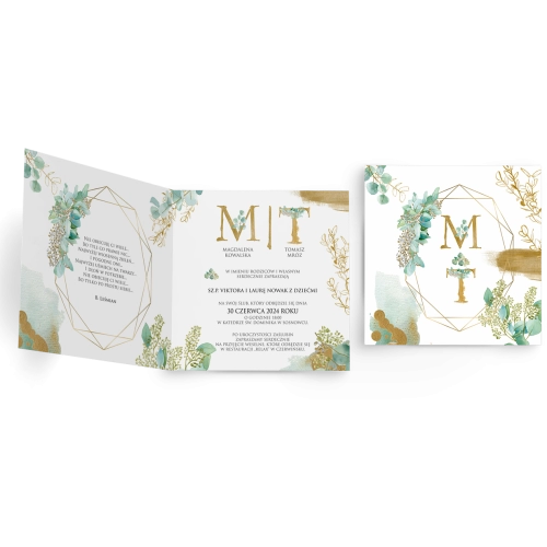 Zaproszenia ślubne Golden Green - Składane Kwadrat Motyw 1