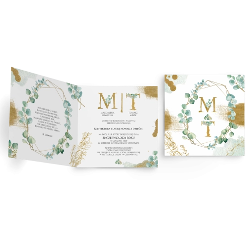 Zaproszenia ślubne Golden Green - Składane Kwadrat Motyw 2