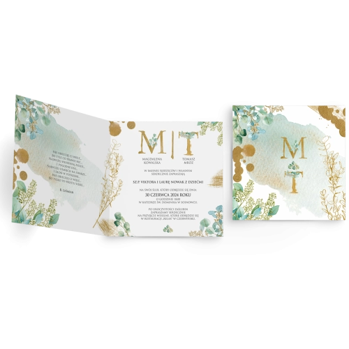Zaproszenia ślubne Golden Green - Składane Kwadrat Motyw 3