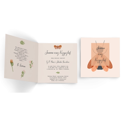 Zaproszenia ślubne Butterflies - Składane Kwadrat Motyw 2