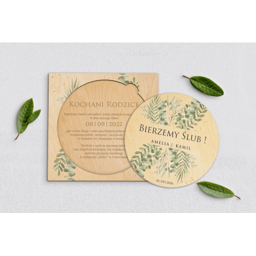 Drewniane Zaproszenie dla Rodziców Koło - Leaves Motyw 2