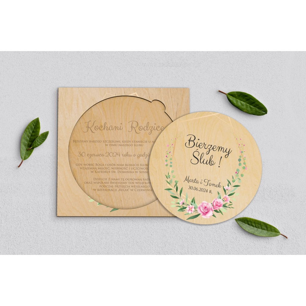 Drewniane Zaproszenie dla Rodziców Koło - Flowers & Frame Motyw 4
