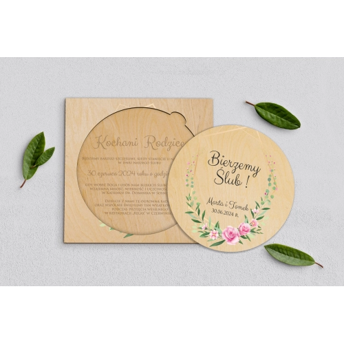 Drewniane Zaproszenie dla Rodziców Koło - Flowers & Frame Motyw 4
