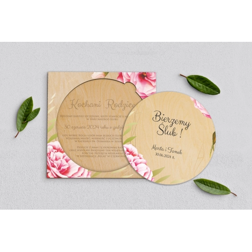 Drewniane Zaproszenie dla Rodziców Koło - Flowers & Frame Motyw 5