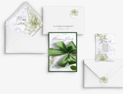 Zielone Zaproszenia ślubne Marble leaf - Motyw 3 z zieloną kokardą, kopertą i wkładką