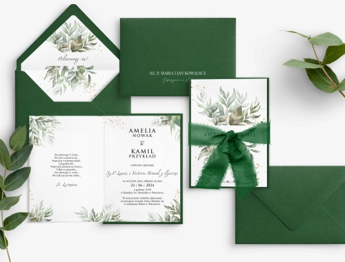 Zaproszenia ślubne Leaves z zieloną kopertą, wklejką i szyfonową wstążką