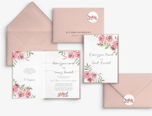 Zaproszenia ślubne PasteLove- Składane z różową kopertą, czarną personalizacją i zaklejką
