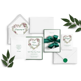 Zielone zaproszenie Heart of Flowers drukowane na papierze satynowym z&nbsp;piękną wstążką zieloną