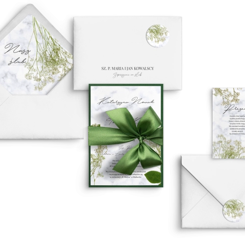 Zielone Zaproszenia ślubne Marble leaf - Motyw 3 z zieloną kokardą, kopertą i wkładką
