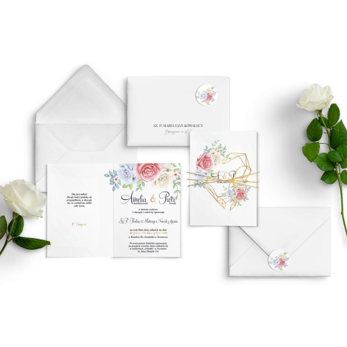 Zaproszenia ślubne Geometryczne Serce ze sznurkiem złotym i&nbsp;kopertą z&nbsp;zaklejką