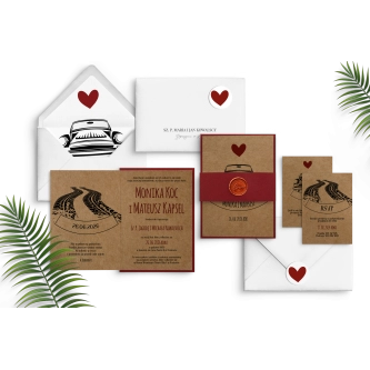 Nowoczesne zaproszenie ślubne z&nbsp;motywem podróżniczym i&nbsp;z bordowymi dodatkami