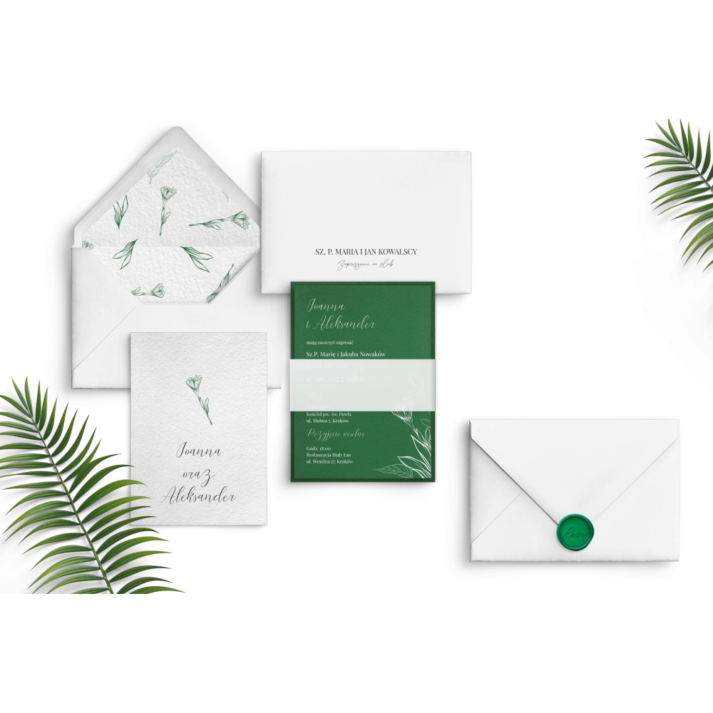 Zielone nowoczesne zaproszenie ślubne z&nbsp;kopertą, podklejką i&nbsp;lakiem zielonym