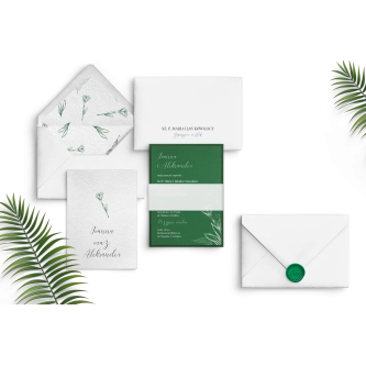 Zielone nowoczesne zaproszenie ślubne z&nbsp;kopertą, podklejką i&nbsp;lakiem zielonym